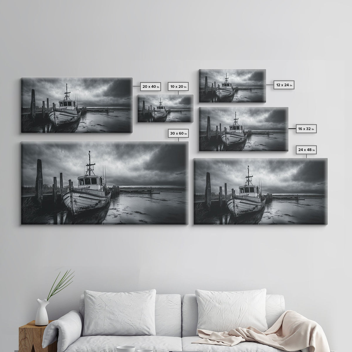 Fishing boat, nautical decor, coastal painting, rustic art, panoramic painting, extra wide art, above sofa art, framed canvas print