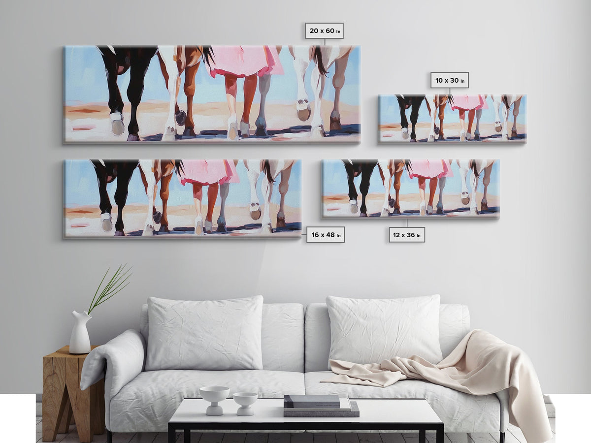 Horse Walk, western art, cowboy painting, rustic decor, extra wide art, panoramic art, framed canvas print, long narrow wall art