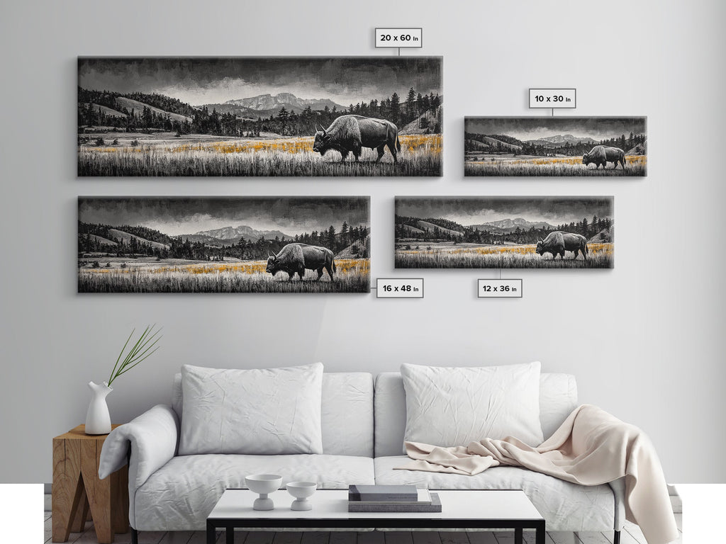 Bison art, mountain painting, black and white western art, farmhouse art, smoky mountain art, extra wide art, framed canvas print