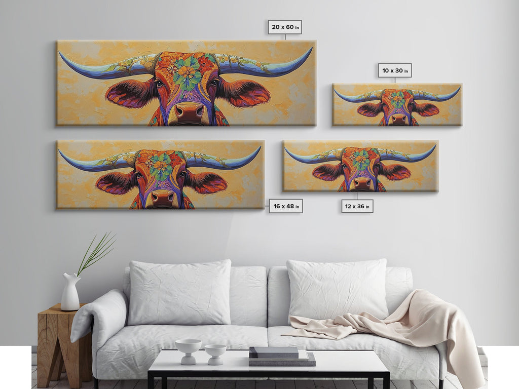 Floral Longhorn Art, Southwestern Wall Art, Texas Cow Art, Rustic Farmhouse Decor, Boho Art, Framed Canvas Print, Moody Art