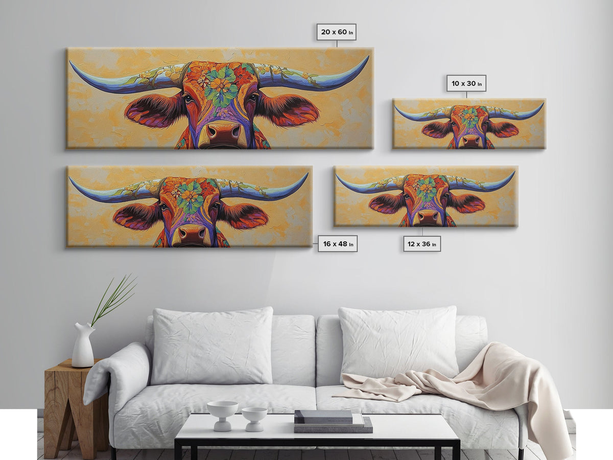 Floral Longhorn Art, Southwestern Wall Art, Texas Cow Art, Rustic Farmhouse Decor, Boho Art, Framed Canvas Print, Moody Art