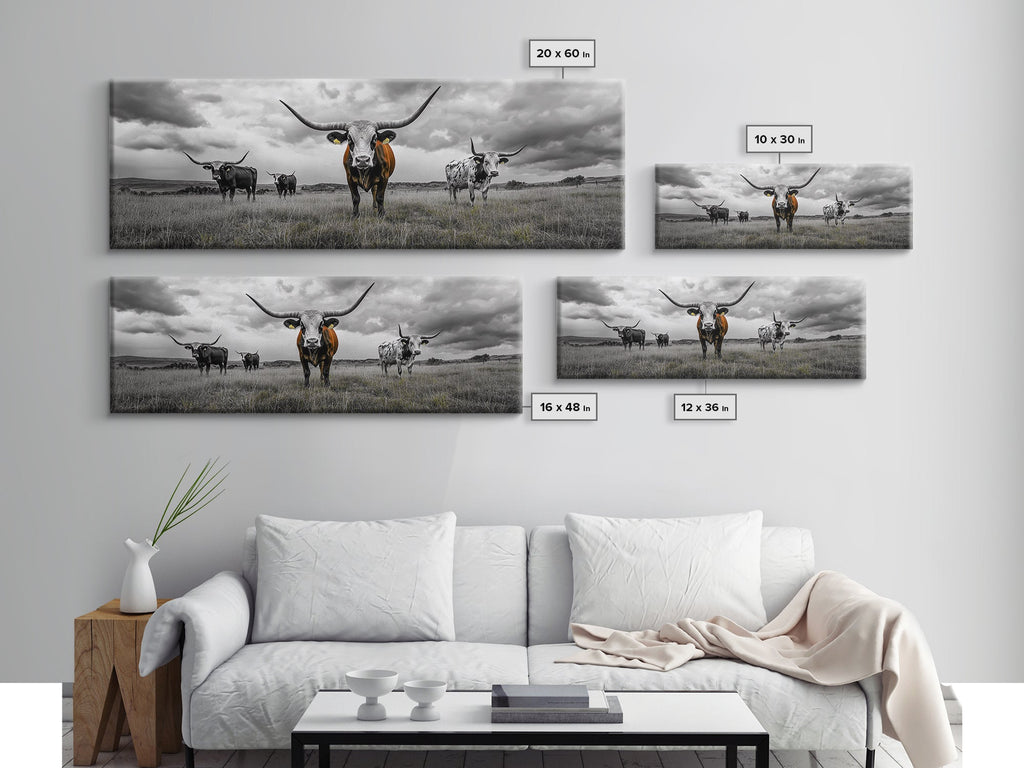 Texas Longhorns, Bull and Bear Art, Rustic Wall Art, Moody Art, Extra Wide Art, Framed Canvas Print, Horizontal Wall Art, Gift Idea