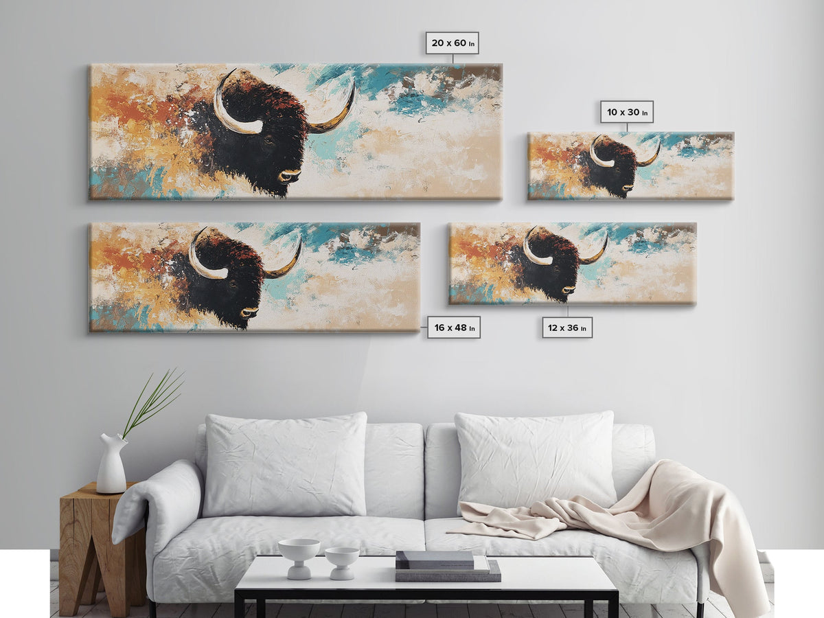 Black and White Buffalo, western wall art, rustic decor, extra wide art, moody art, minimalist painting, framed canvas print, farmhouse art
