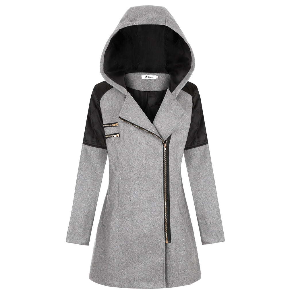 Women Warm Slim Full Zipper Coat Thick Woolen Coat Female Fall Winter Windbreaker Hooded Diagonal Zipper Women's Clothing
