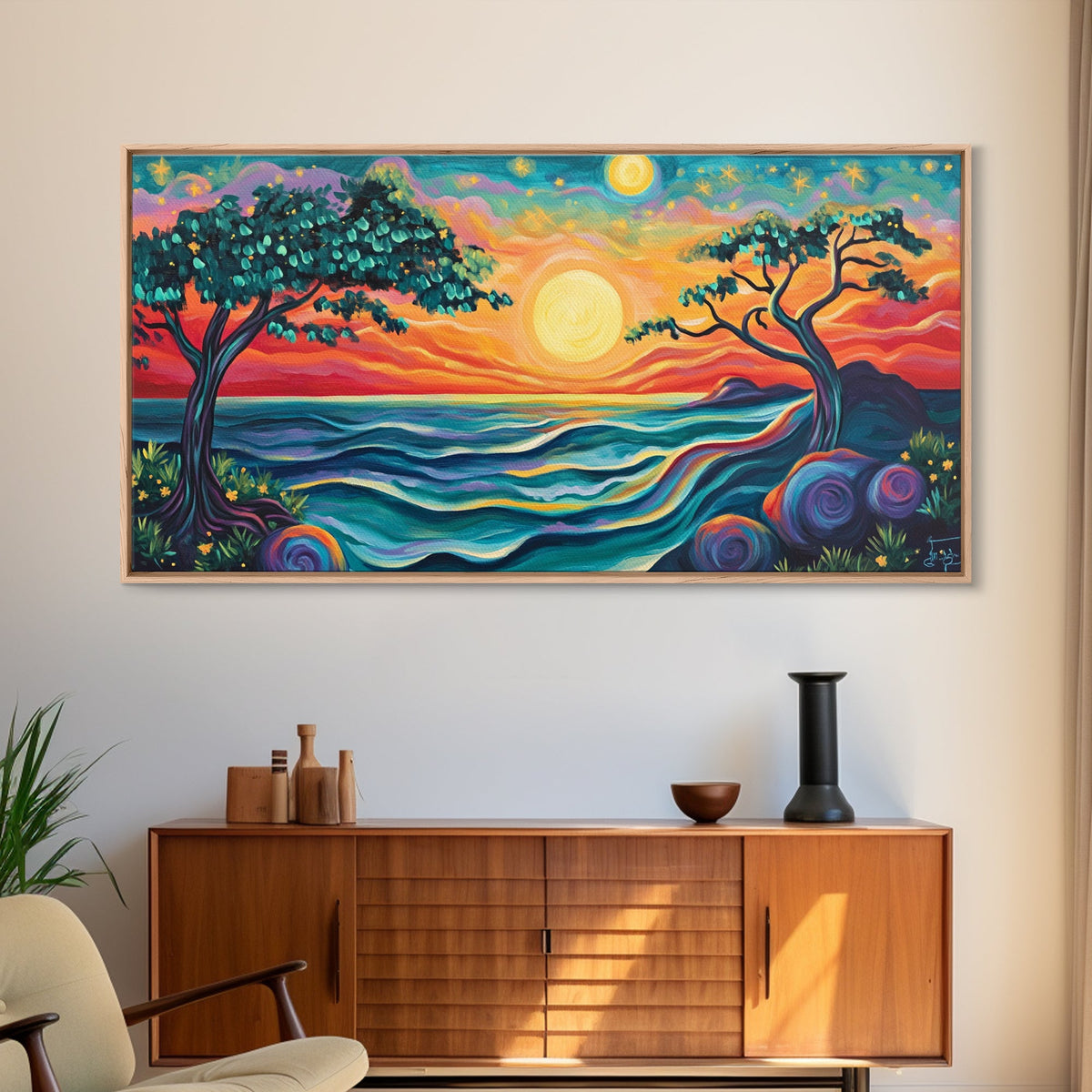Vibrant Sunset, pink orange wall art, whimsical art, Hawaii art, colorful landscape painting, coastal decor, gift idea, Canvas Print