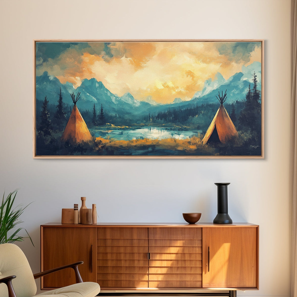 Teepee Camp, southwest wall art, landscape painting, mountain painting, rustic decor, moody art, Framed Canvas Print, panoramic painting