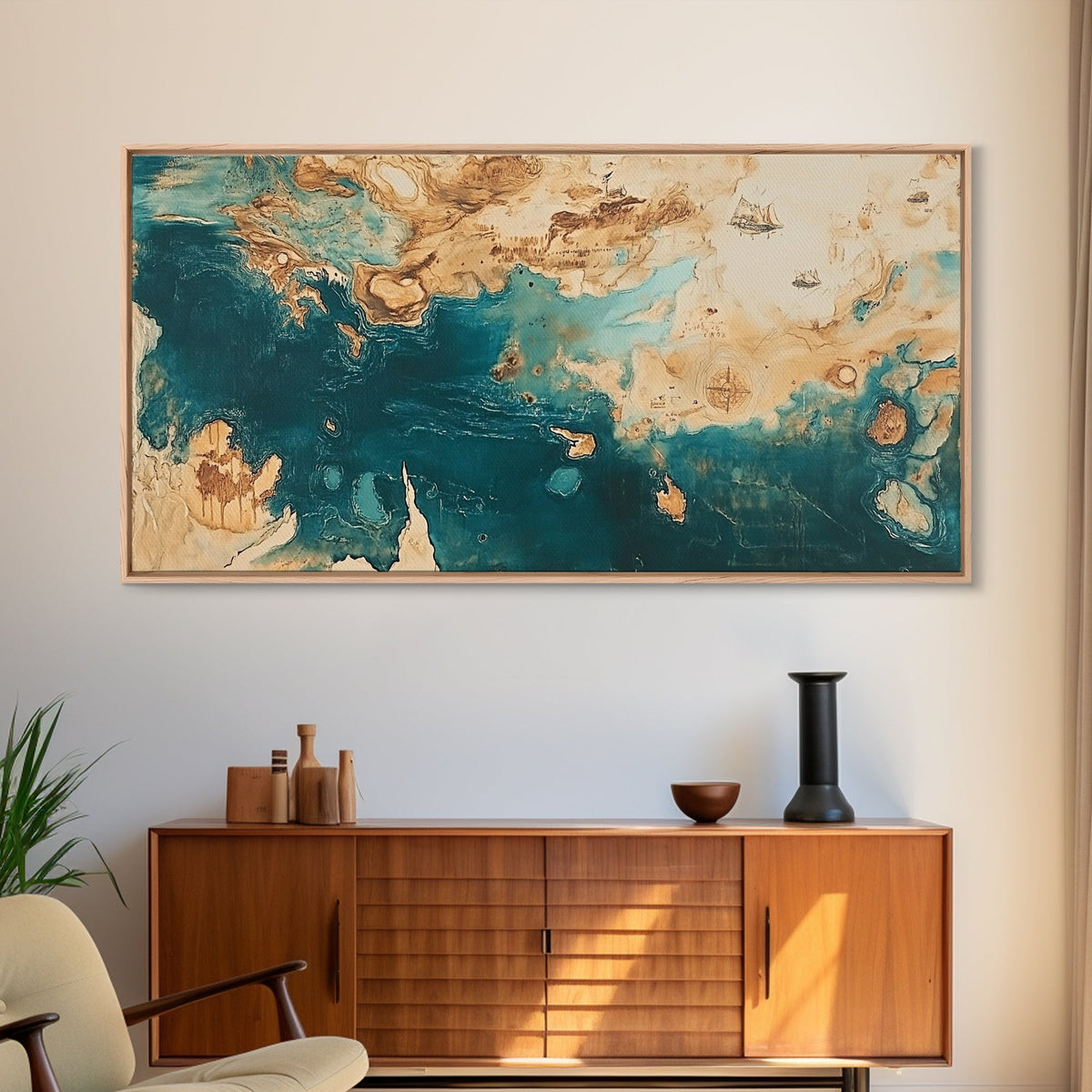 Vintage Map Art, Compass Wall Art, Nautical Wall Art, Extra Wide Art, Framed Canvas Print, Rustic Decor, Coastal Painting