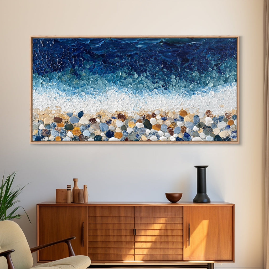 Pebble Beach, mosaic wall art, coastal decor, ocean painting, nautical decor, panoramic painting, framed canvas print