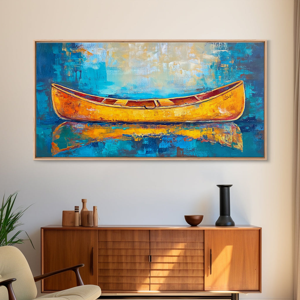 Golden Canoe, Framed Canvas Print, fisherman painting, lake Tahoe art, rustic decor, nautical decor, extra wide art, landscape painting