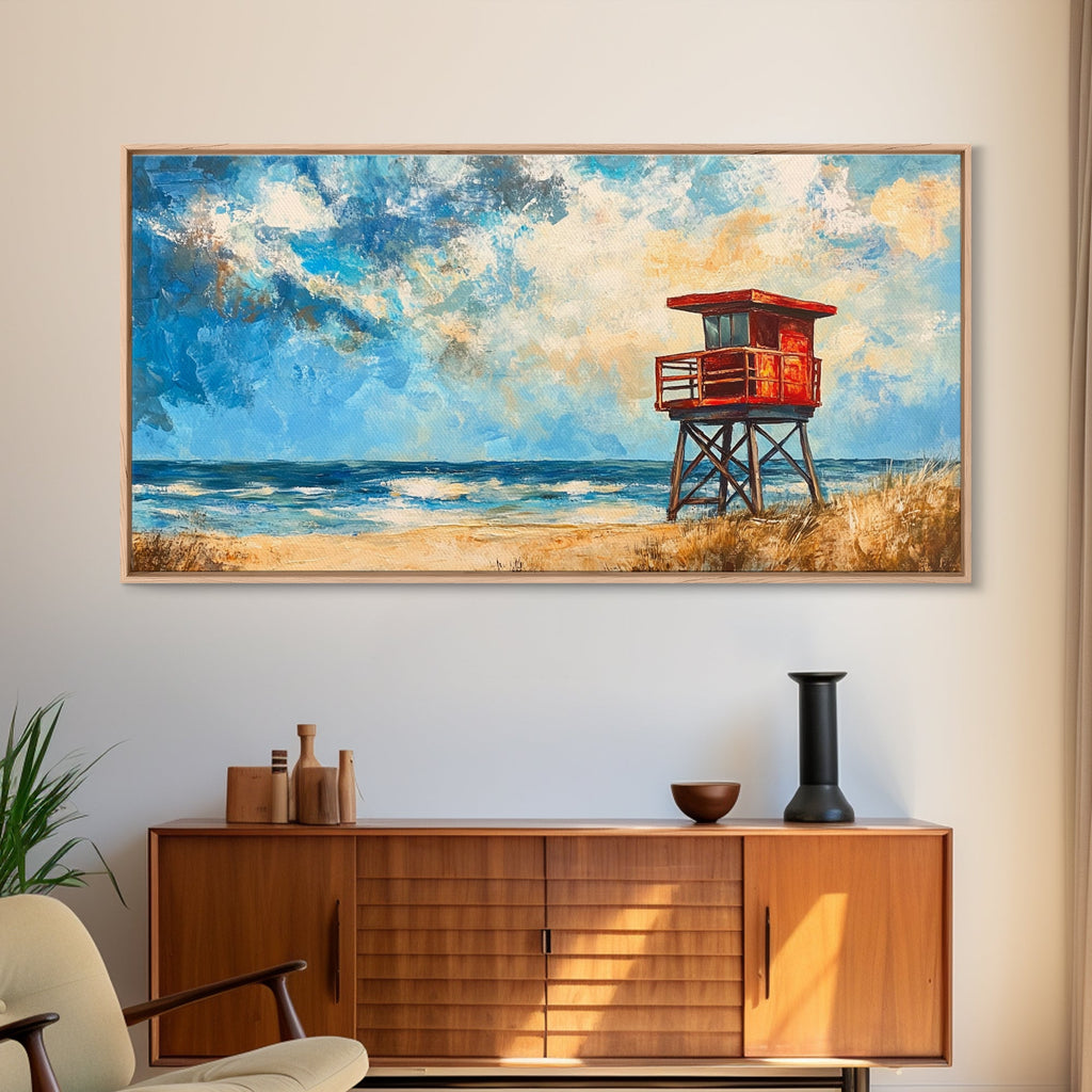 Lifeguard Tower, coastal landscape art, beach painting, seascape painting, nautical wall art, canvas print, horizontal wall art