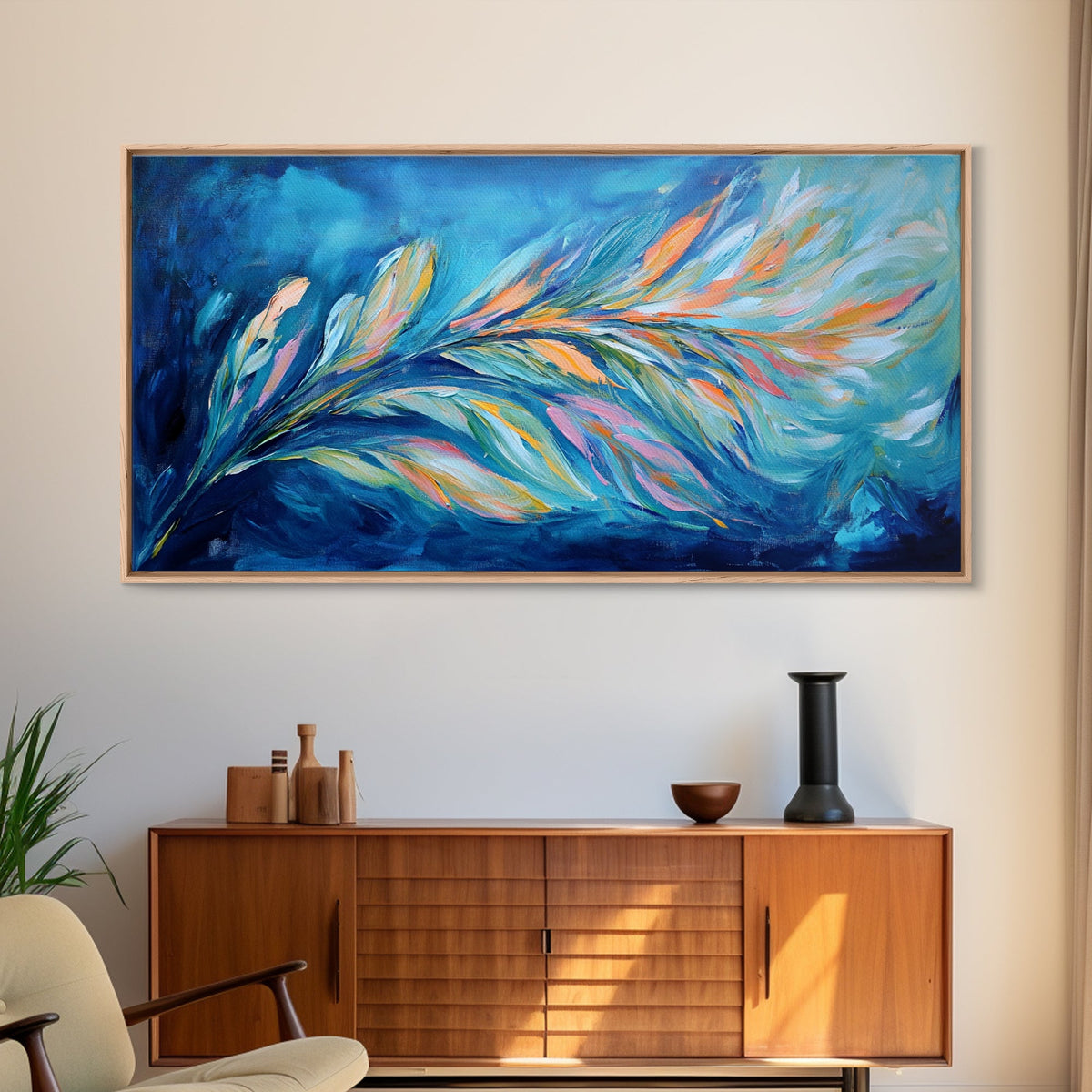 Abstract Feathers, colorful abstract art, blue and green wall art, cottagecore wall art, canvas print, horizontal wall art