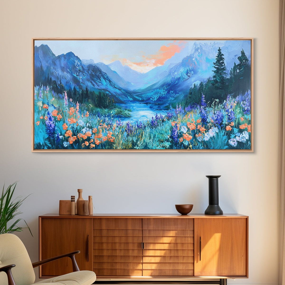 Wildflower Meadow, Mountain Painting, Landscape Painting, Rustic Decor, Cottagecore Wall Art, Framed Canvas Print, Above Sofa Art