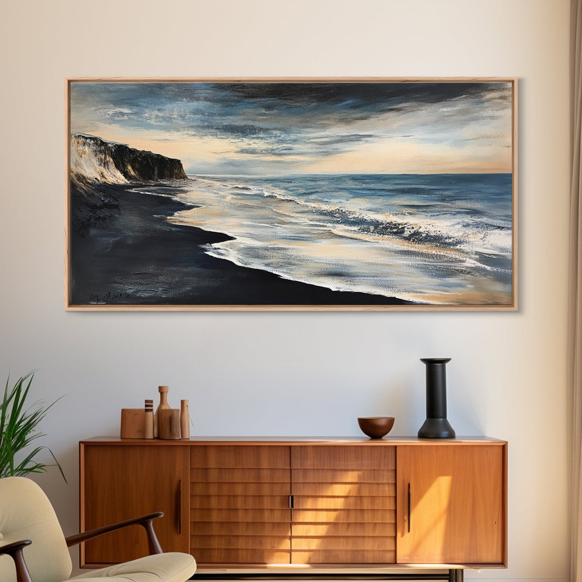 Moody beach, dark ocean, seascape painting, panoramic art, extra wide art, nautical painting, framed canvas print, above sofa art