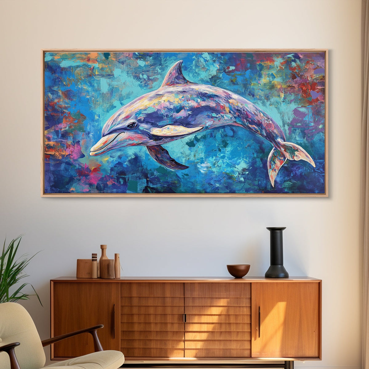 Dolphin Painting, blue and green wall art, coastal decor, nautical painting, framed canvas print, whimsical art, ocean wall art