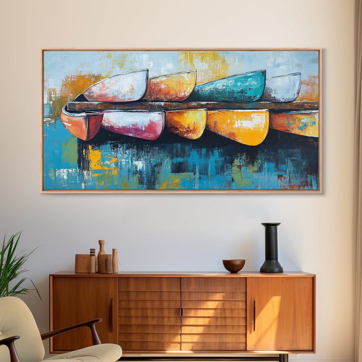 Colorful canoe, coastal decor, nautical painting, vibrant abstract, lake tahoe art, modern art, horizontal wall art, canvas print, beach vibes