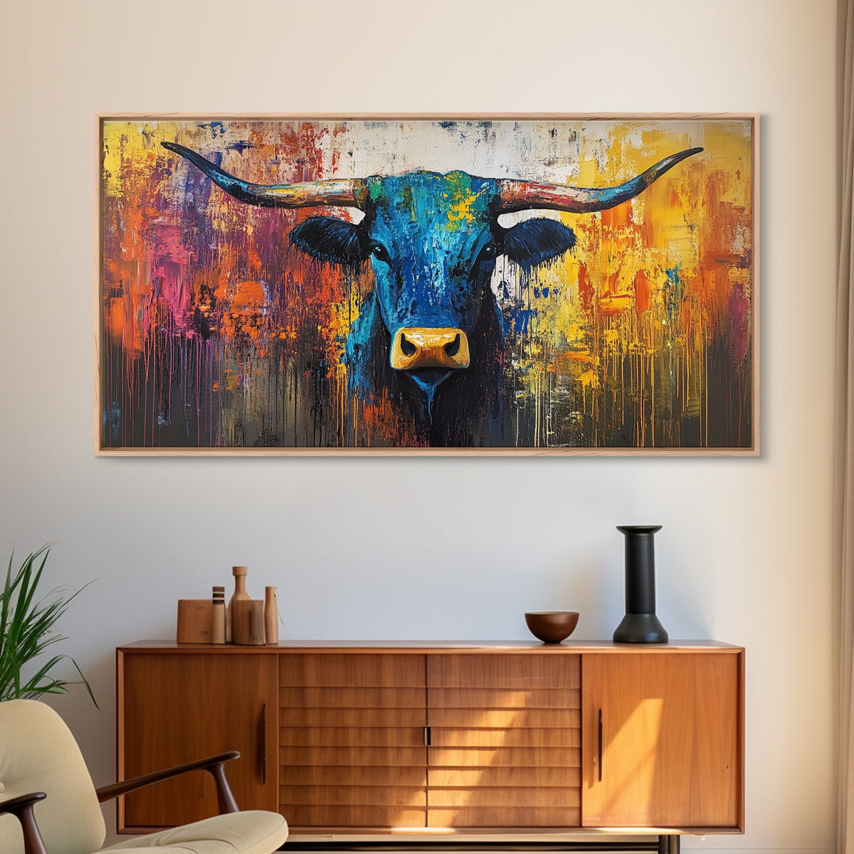 Abstract Bull, bold color wall art, rustic decor, farmhouse art, moody art, contemporary art, Framed Canvas Print, modern bull painting