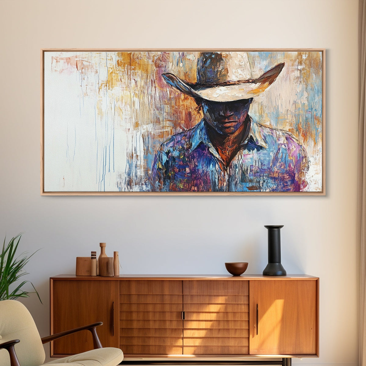 Western Cowboy, black cowgirl painting, rustic wall art, moody art, textured painting, cowboy hat art, farmhouse decor, Canvas Print