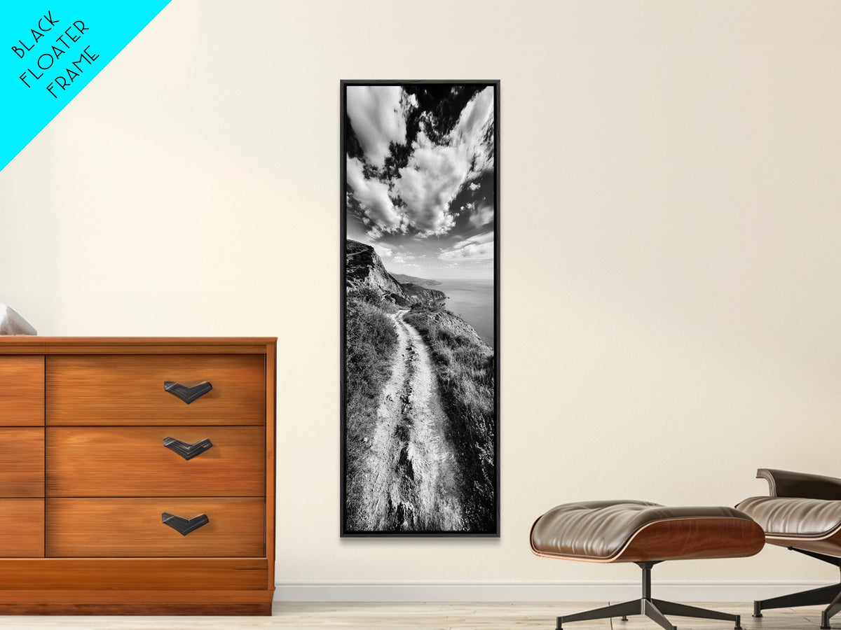 Cliffside Trail View, Path to Sea, Mountain Landscape, Framed Canvas Print, Wanderlust Decor, Office Wall Art, Adventure Travel Aesthetic