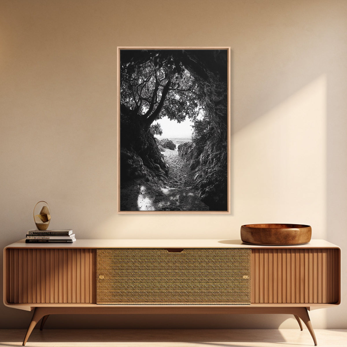 Hidden Beach, Cave Entrance, Secret Shoreline, Natural Light, Canvas Print, Bathroom Wall Decor, Travel Inspired Art, Black And White