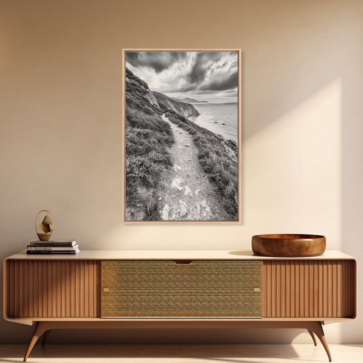 Cliffside Path, Coastal Trail, Ocean Escape, Canvas Print, Moody Landscape Wall Art, Living Room Decor, Adventure Travel Aesthetic