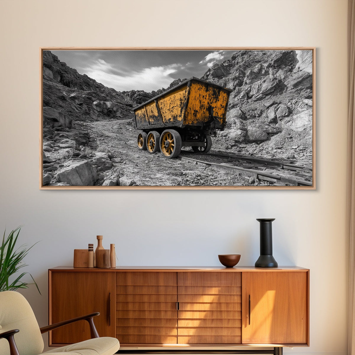 Vintage Mining Cart, Industrial Rustic Decor, Western Adventure Wall Art, Grunge Style Canvas Print, Man Cave or Garage Wall Art