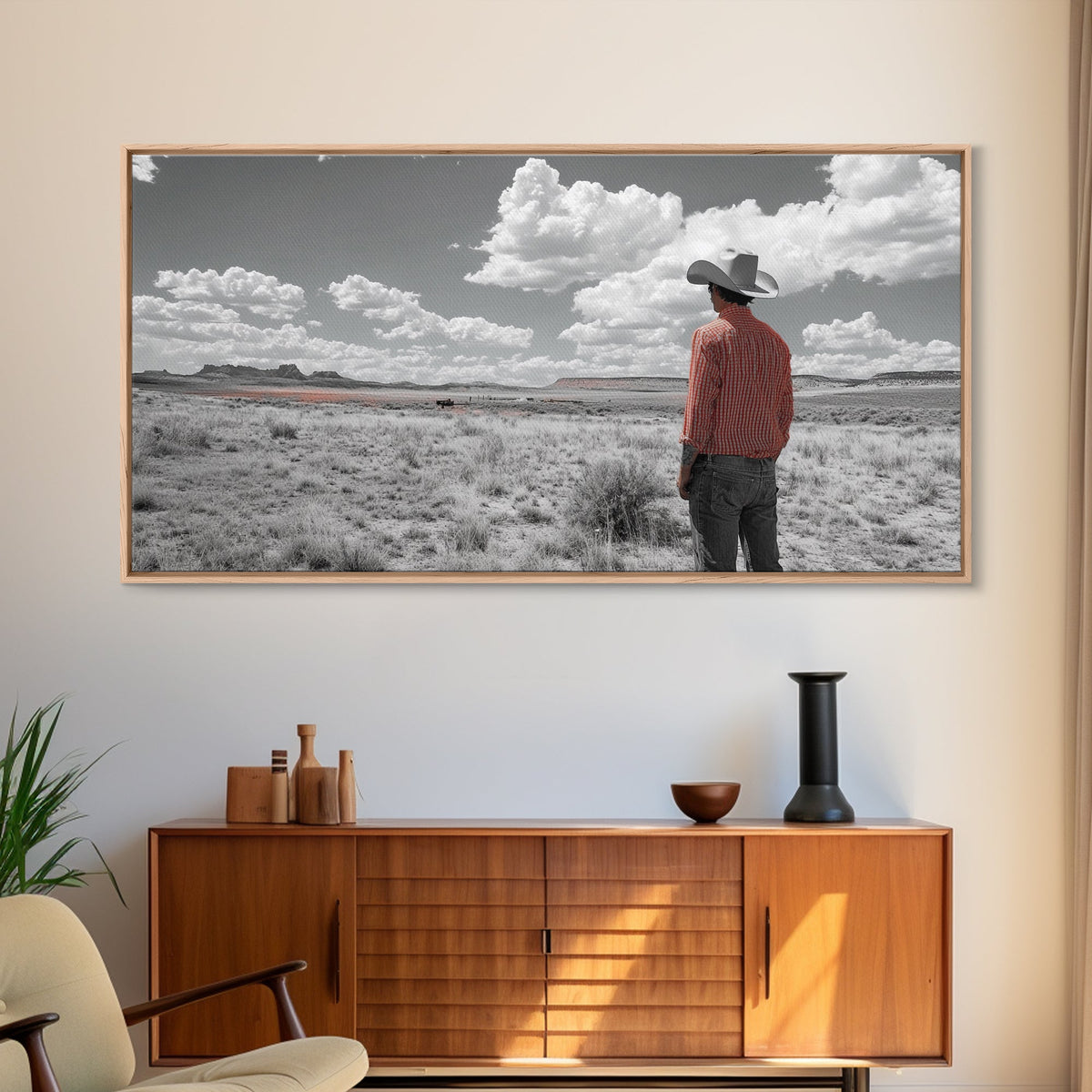 Cowboy Stare, Western Horizon, Desert Dream, American Spirit, Framed Canvas Print, Rustic Bedroom Art, Country Wall Decor, Western Style