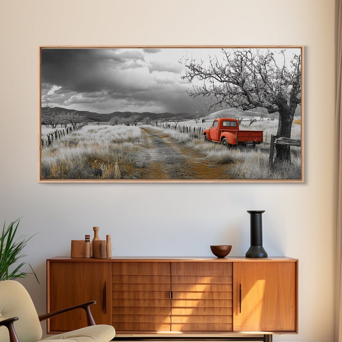 Red Truck, Country Road, Stormy Sky, Orchard Path, Framed Canvas Print, Farmhouse Autumn Wall Art, Rural Decor, Rustic Vintage Vibes