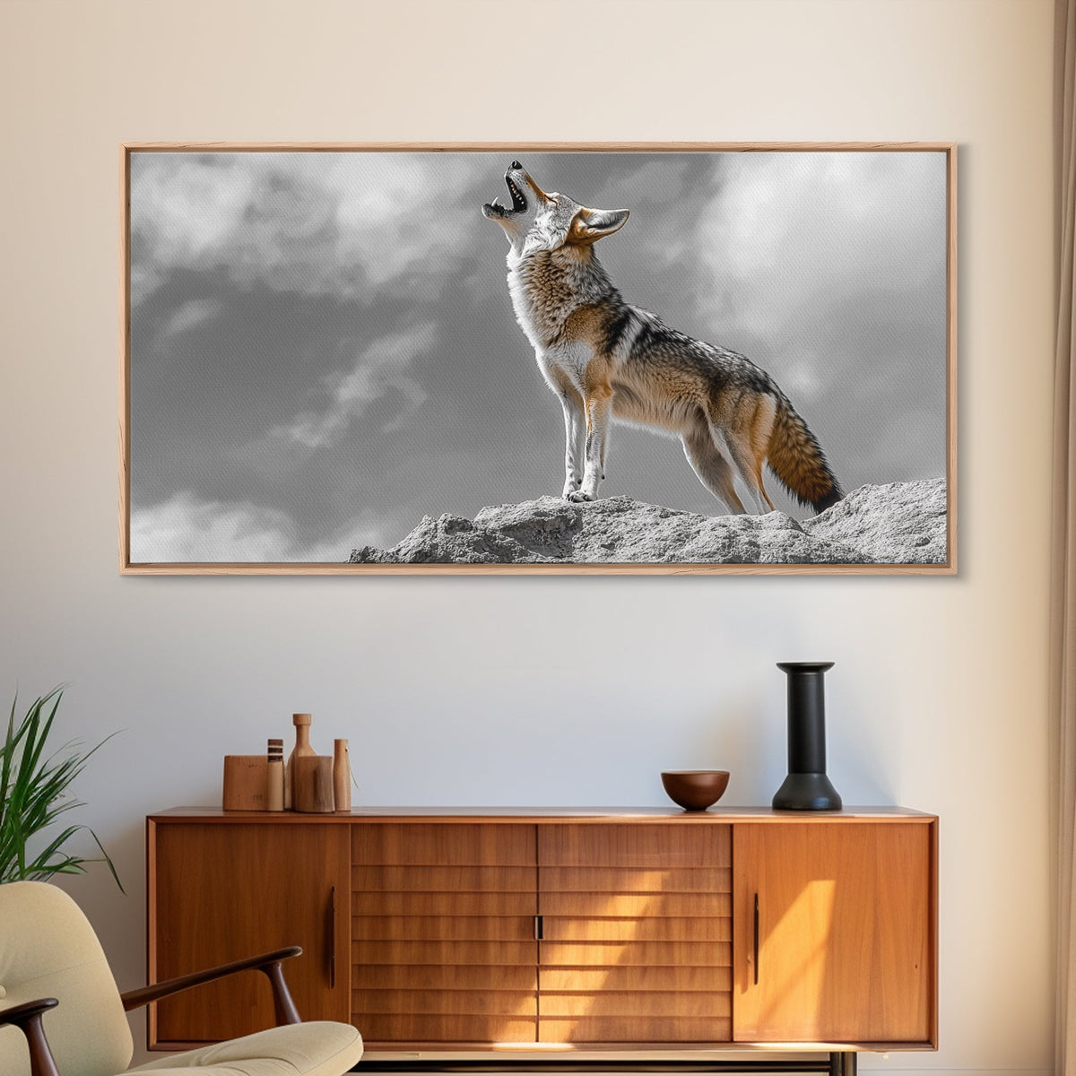 Howling Coyote Peak, Desert Wildlife Portrait, Majestic Animal Scene, Framed Canvas Print, Cabin Decor, Nature Wall Art, Minimalist Vibe