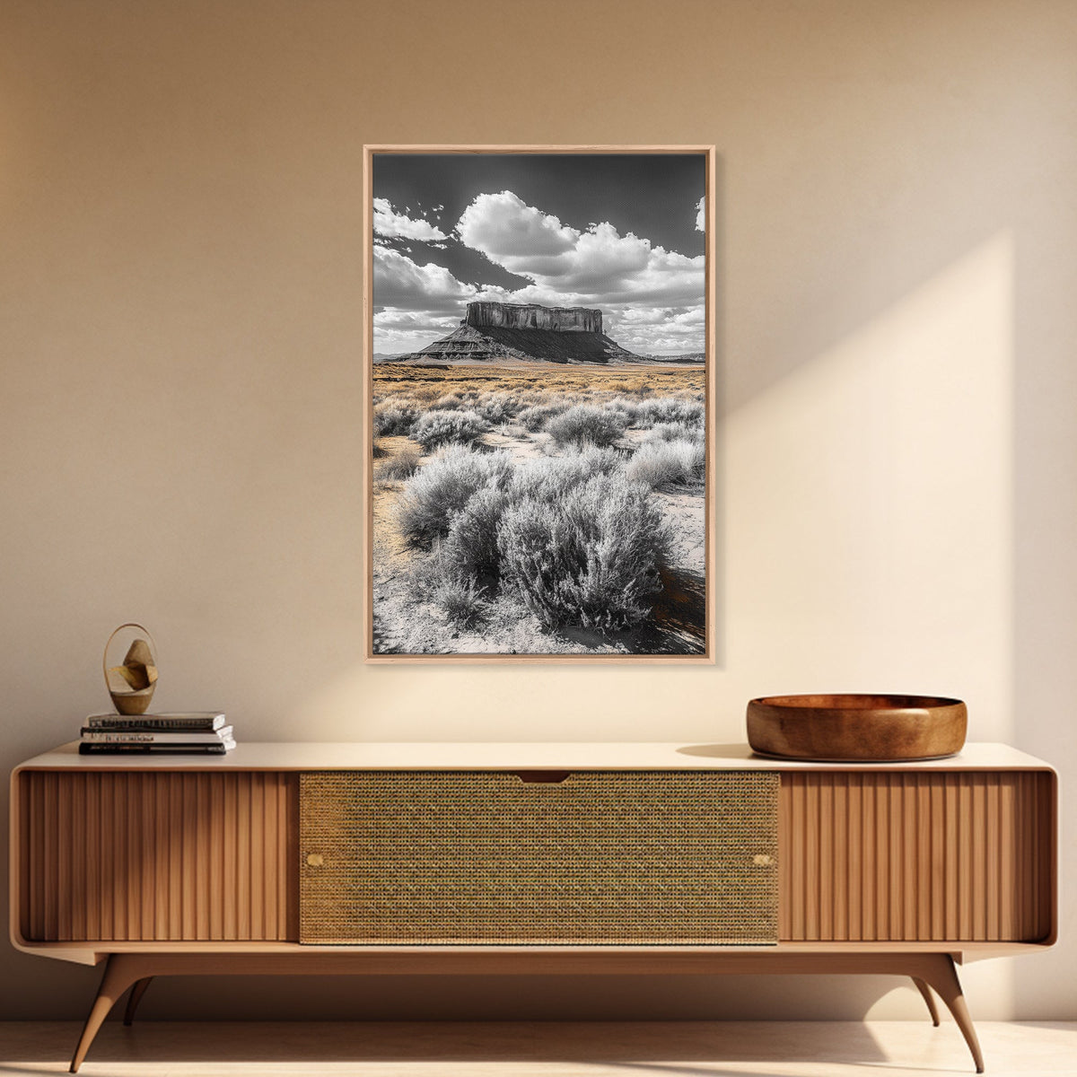 Desert Plateau View, Western Landscape Art, Rustic Nature Decor, Yellow Sagebrush, Framed Canvas Print, Southwestern Living Room Art