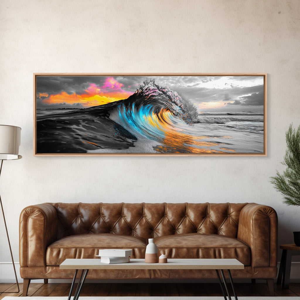 Wave Photography, Color Splash, Sunset Sea, Surf Art, Framed Canvas Print, Beach House Decor, Coastal Vibes, Modern Ocean Wall Art