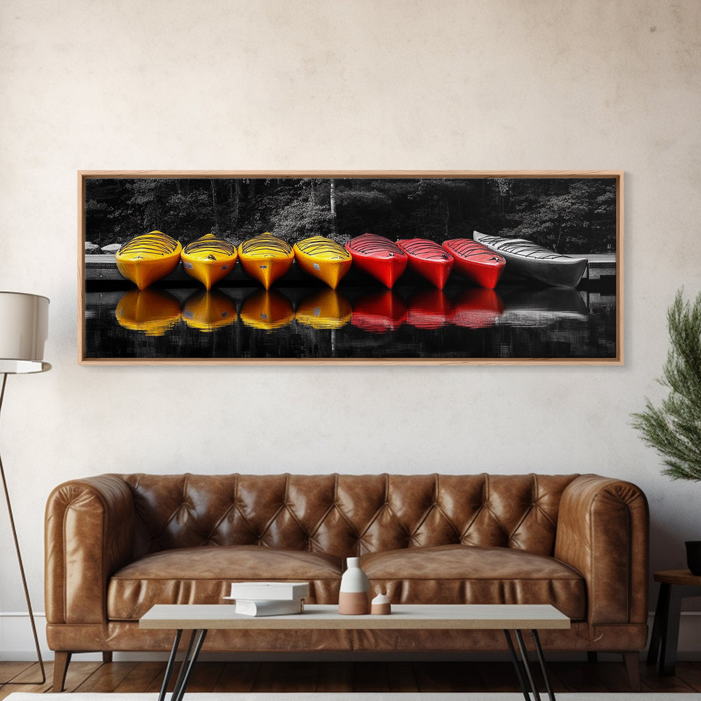 Canoes Docked, Reflection Scene, Kayak Art, Framed Canvas Print, Adventure Wall Art, Boho Water Sports, Cabin Living Room Decor