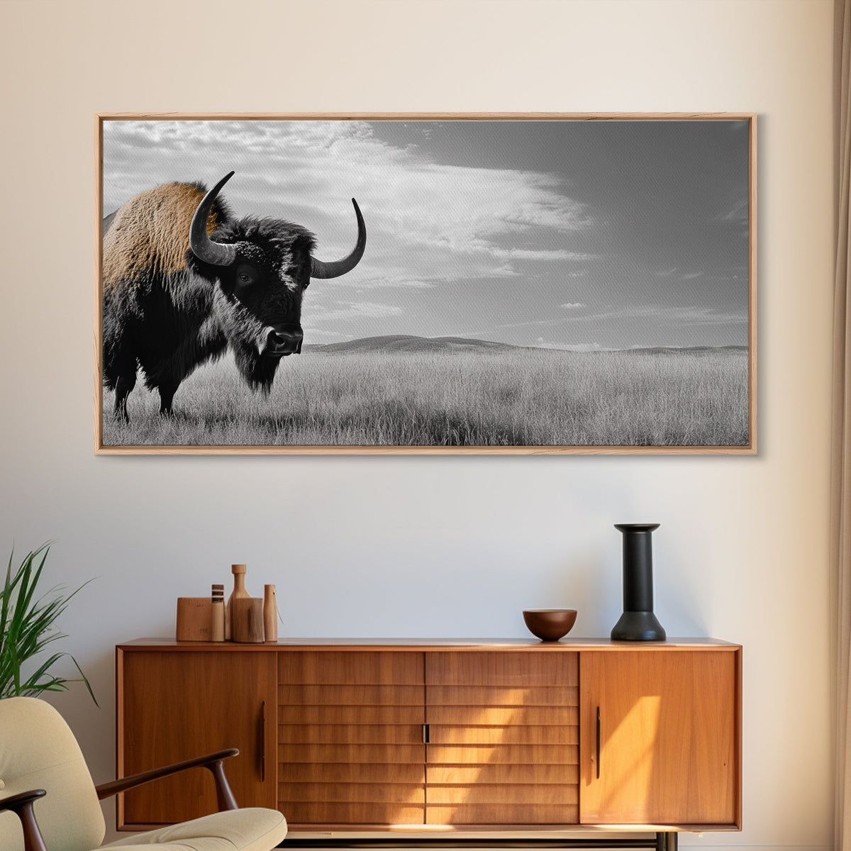 Buffalo Wall Art Canvas Print | Rustic Farmhouse Decor | Western Landscape Art | Moody Wall Art | Extra Wide Art | Nature Lover Gift