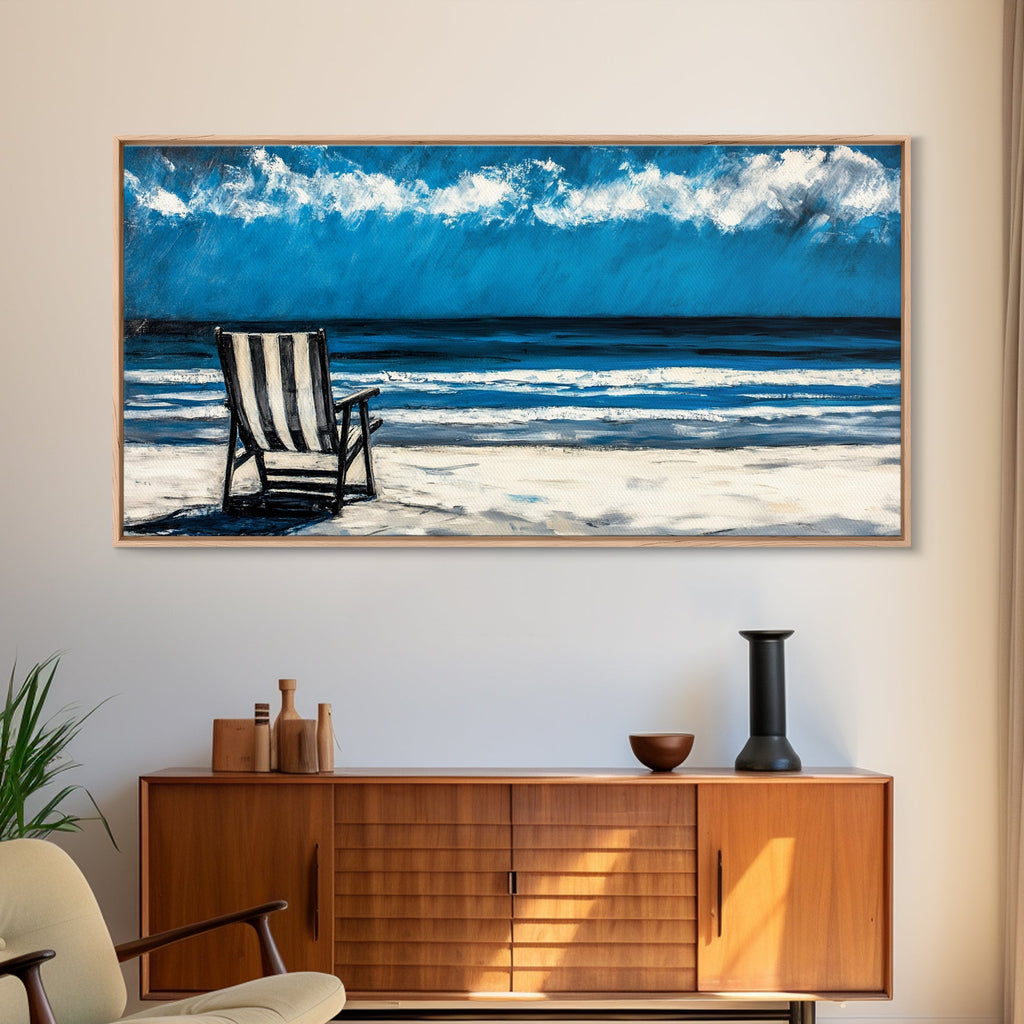 Beach Chair, coastal decor, nautical painting, seascape painting, ocean view, lake Tahoe art, blue and green wall art, Framed Canvas Print, surf