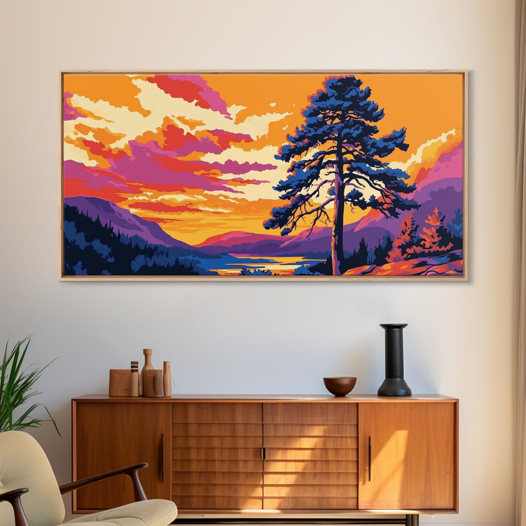 Pine Tree Sunset, smoky mountain art, Joshua tree art, landscape painting, rustic decor, extra wide wall art, framed canvas print