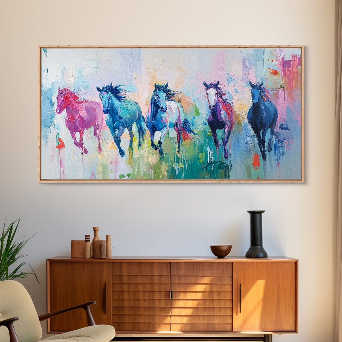 Running Horses, Western Horse Art, Colorful Horse Wall Art, Vintage Horse Art, Farmhouse Decor, Extra Wide Art, Canvas Print