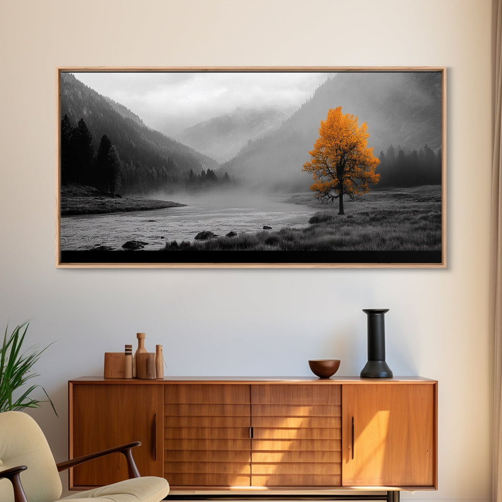 Autumn Tree in Fog, smoky mountain art, pine tree art, wabi sabi art, forest at dusk painting, fall wall art, rustic decor, Framed Canvas Print