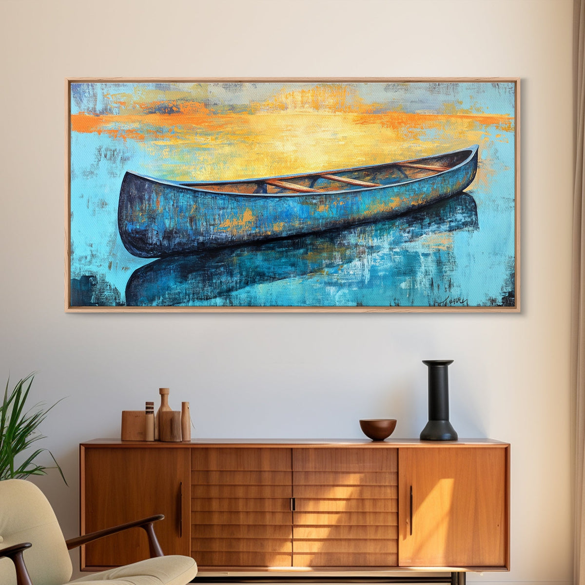 Canoe, Lake Art, Fly Fishing Art, Rustic Wall Art, Coastal Painting, Above Couch Art, Horizontal Wall Art, Framed Canvas Print, Nautical Decor
