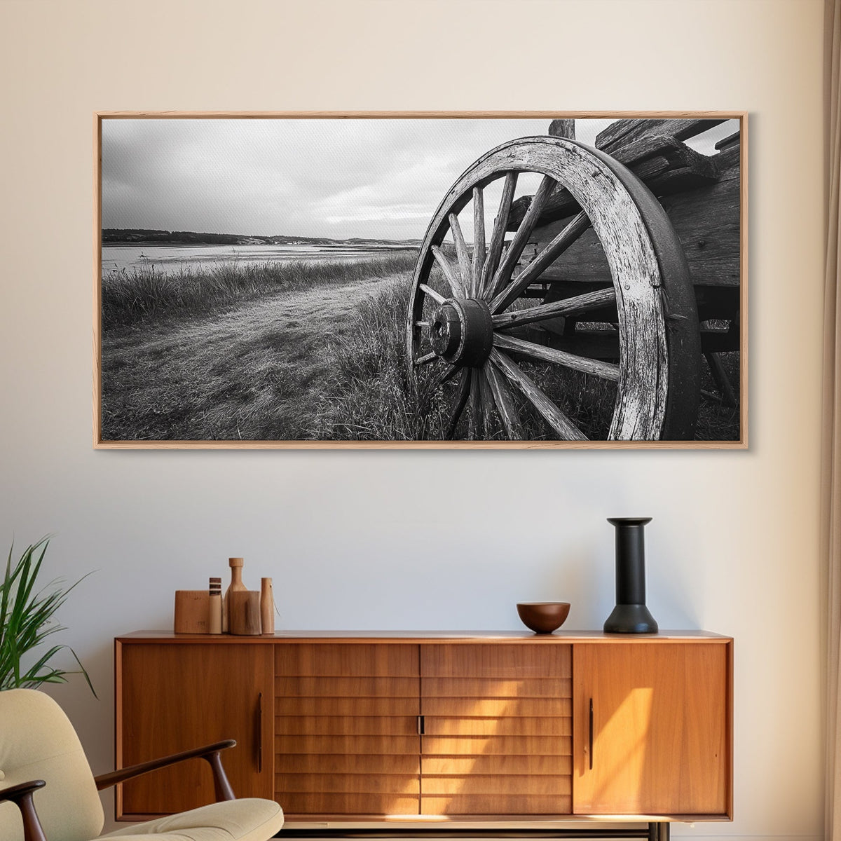 Wagon Wheel, Rustic Wall Art, Farmhouse Art, Vintage Decor, Western Landscape, Barn Art, Framed Canvas Print, Country Aesthetic