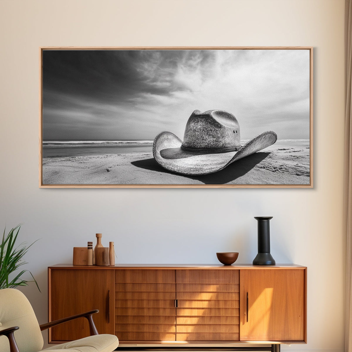 Cowboy Hat, Rustic Art, Western Wall Art, Moody Art, Coastal Decor, Vintage Aesthetic, Framed Canvas Print, Dramatic Sky