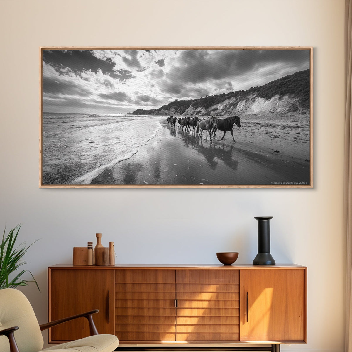 Wild Horses, vintage horse art, rustic decor, equestrian painting, black and white photography, ocean painting, coastal wall art, Framed Canvas Print
