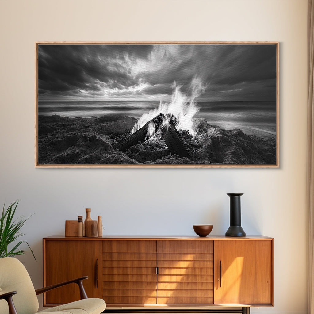 Beach bonfire, moody art, seascape painting, coastal decor, extra wide art, panoramic painting, above bed wall art, framed canvas print