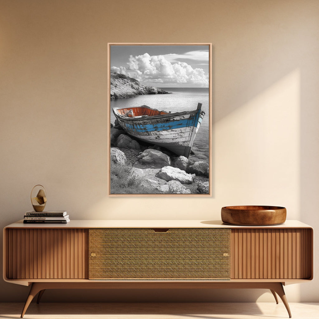 Rustic Boat Painting, Coastal Decor, Nautical Wall Art, Seascape Painting, Beach House Art, Gift Idea, Canvas Print, Wabi Sabi Art