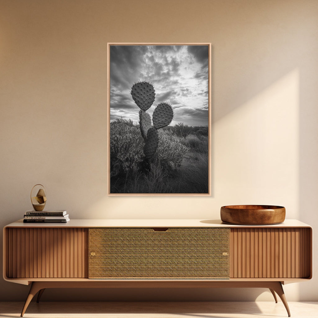 Prickly Pear, cactus art, Joshua tree art, wabi sabi art, moody art, black and white, framed canvas print, minimalist decor, rustic wall art