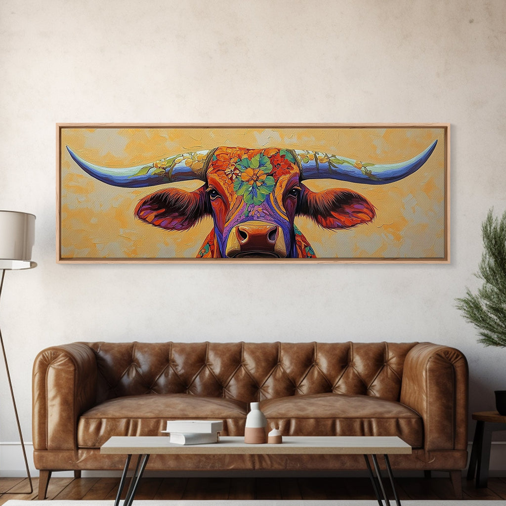 Floral Longhorn Art, Southwestern Wall Art, Texas Cow Art, Rustic Farmhouse Decor, Boho Art, Framed Canvas Print, Moody Art