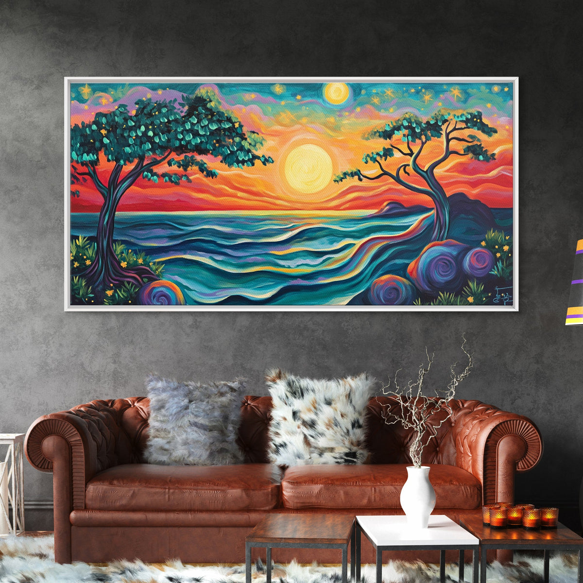 Vibrant Sunset, pink orange wall art, whimsical art, Hawaii art, colorful landscape painting, coastal decor, gift idea, Canvas Print