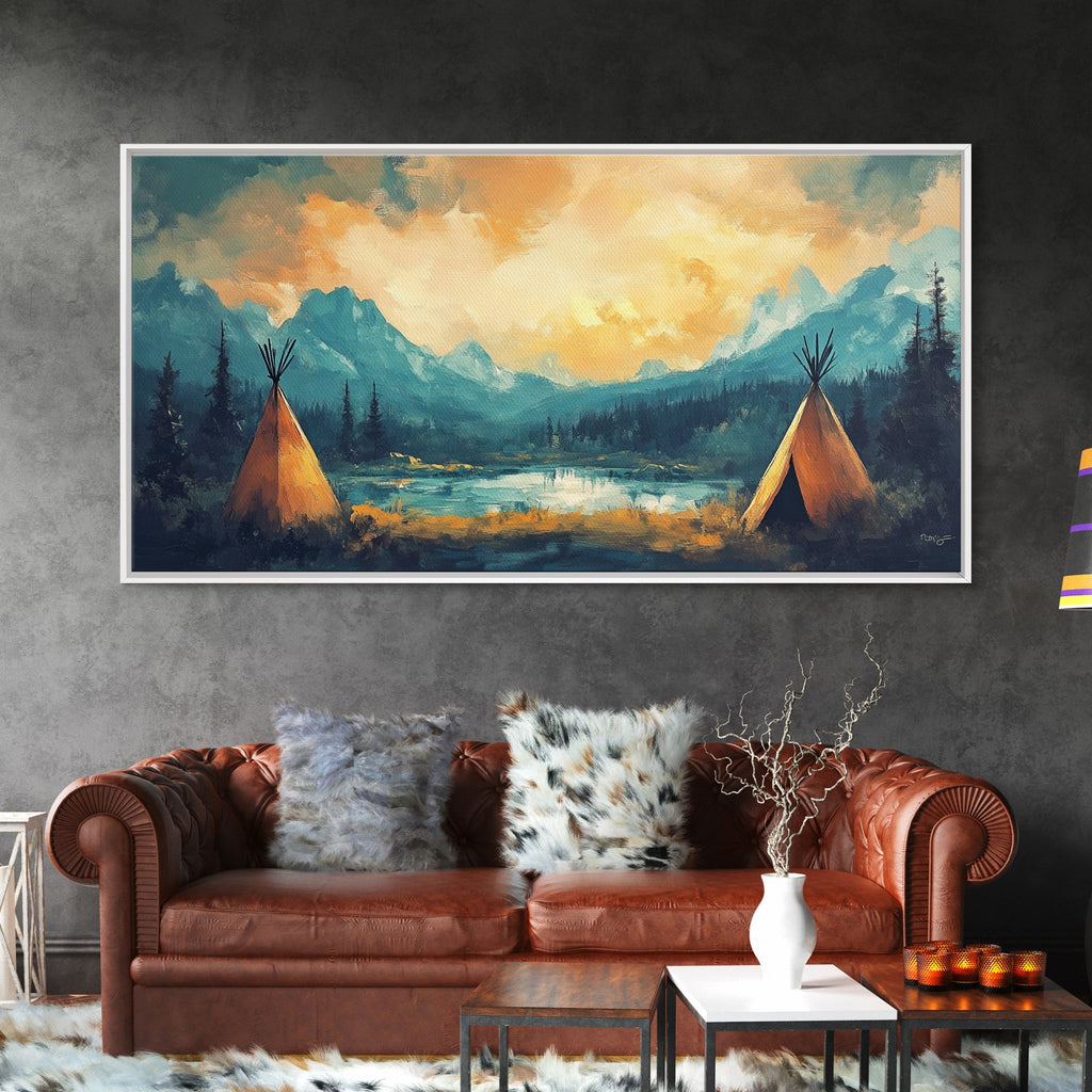Teepee Camp, southwest wall art, landscape painting, mountain painting, rustic decor, moody art, Framed Canvas Print, panoramic painting