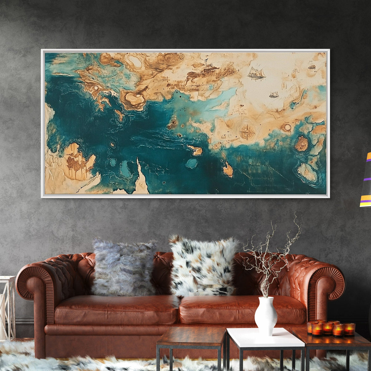 Vintage Map Art, Compass Wall Art, Nautical Wall Art, Extra Wide Art, Framed Canvas Print, Rustic Decor, Coastal Painting