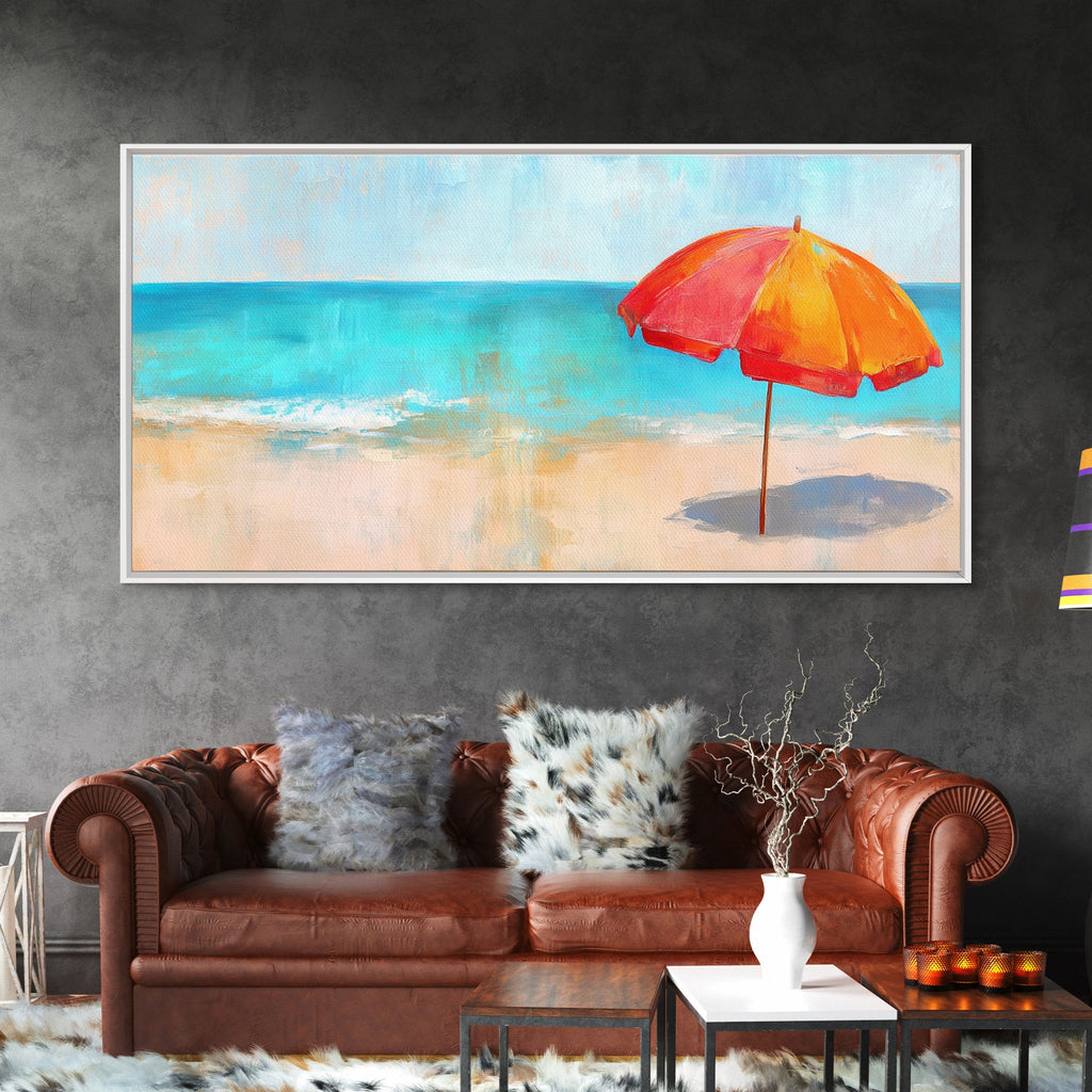 Beach Umbrella, Coastal Decor, Nautical Wall Art, Seascape Painting, Ocean Painting, Extra Wide Art, Framed Canvas Print, Beach House Art