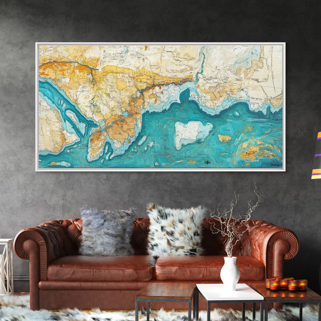 Abstract Map Art, Coastal Decor, Nautical Painting, Extra Wide Art, Framed Canvas Print, Blue and Green Wall Art