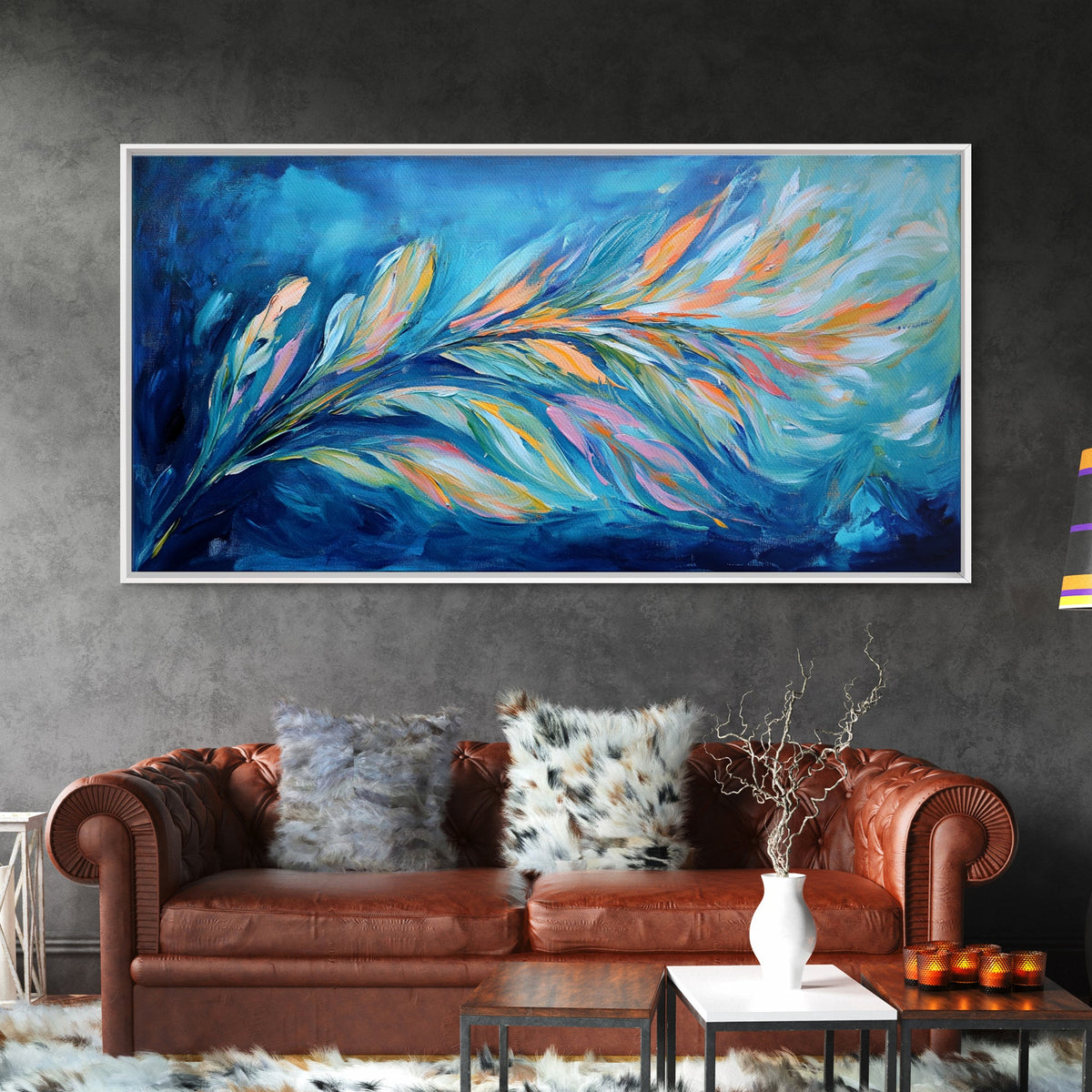 Abstract Feathers, colorful abstract art, blue and green wall art, cottagecore wall art, canvas print, horizontal wall art